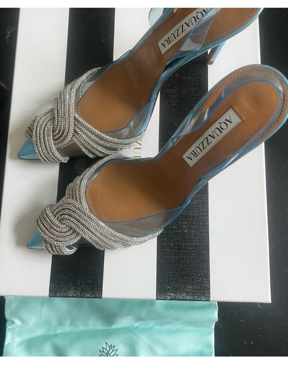 Aquazzura Light Blue Crystal-Knot Pointed Toe Slingbacks